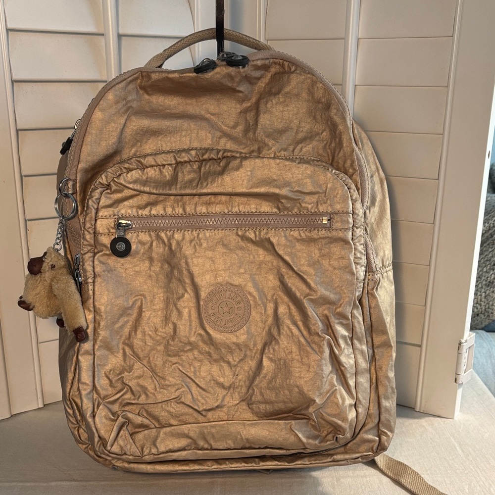 Kipling Seoul Metallic Champagne Backpack & Signature Monkey Key Chain